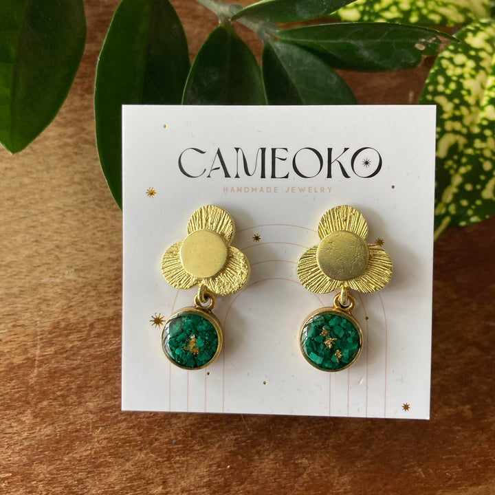 Emily Floral Post Dangle Earring Malachite + Gold Leaf