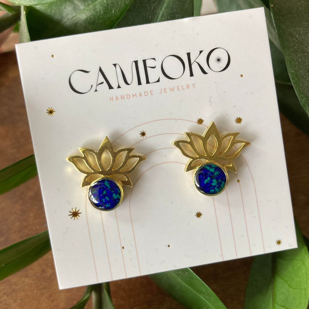 Little Lotus Flower Post Earrings Azurite Malachite