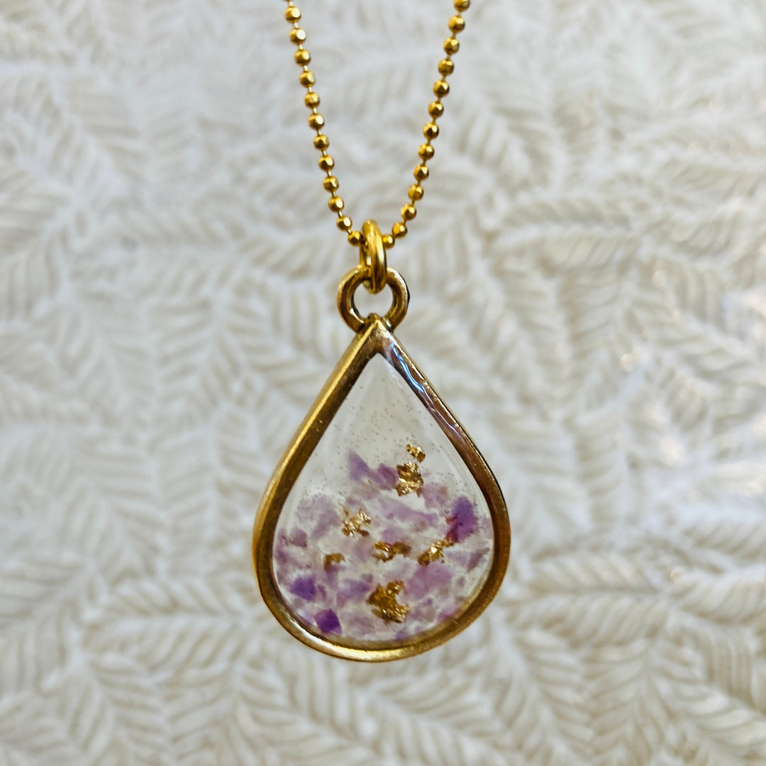 Long Teardrop Necklace Amethyst + Gold Leaf