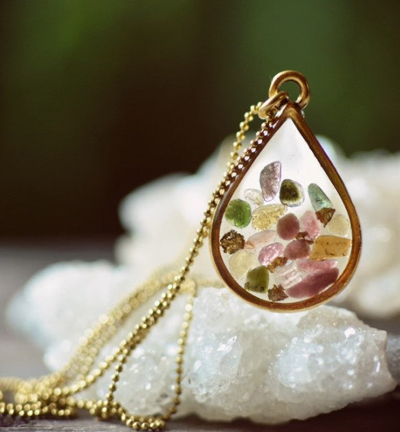 Long Teardrop Necklace Mixed Gemstones