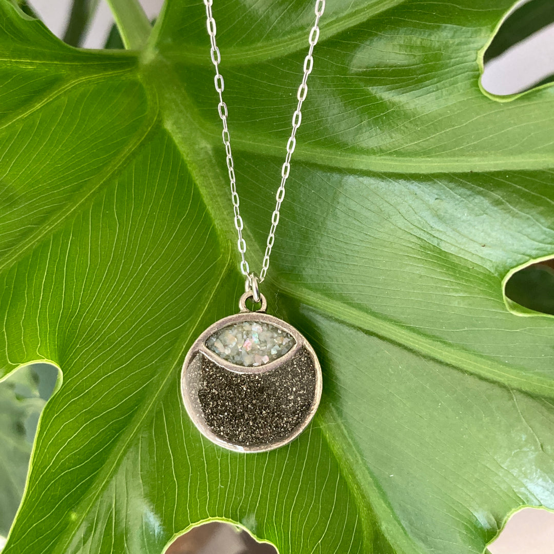 Marquise Moon Eye Necklace Silver Pyrite + Pearl