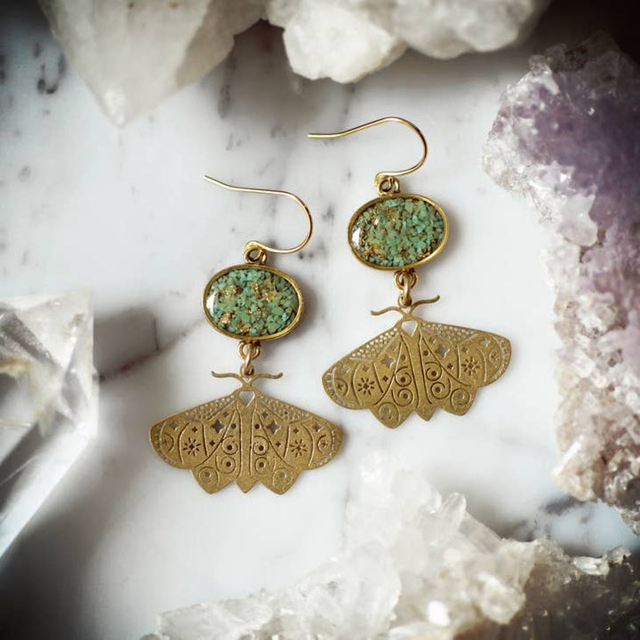 Moth Dangle Earrings Green Turquoise + Gold Leaf