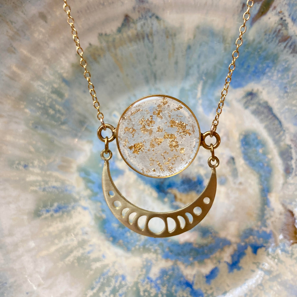 Moonphase Statement Necklace Selenite + Gold Flake