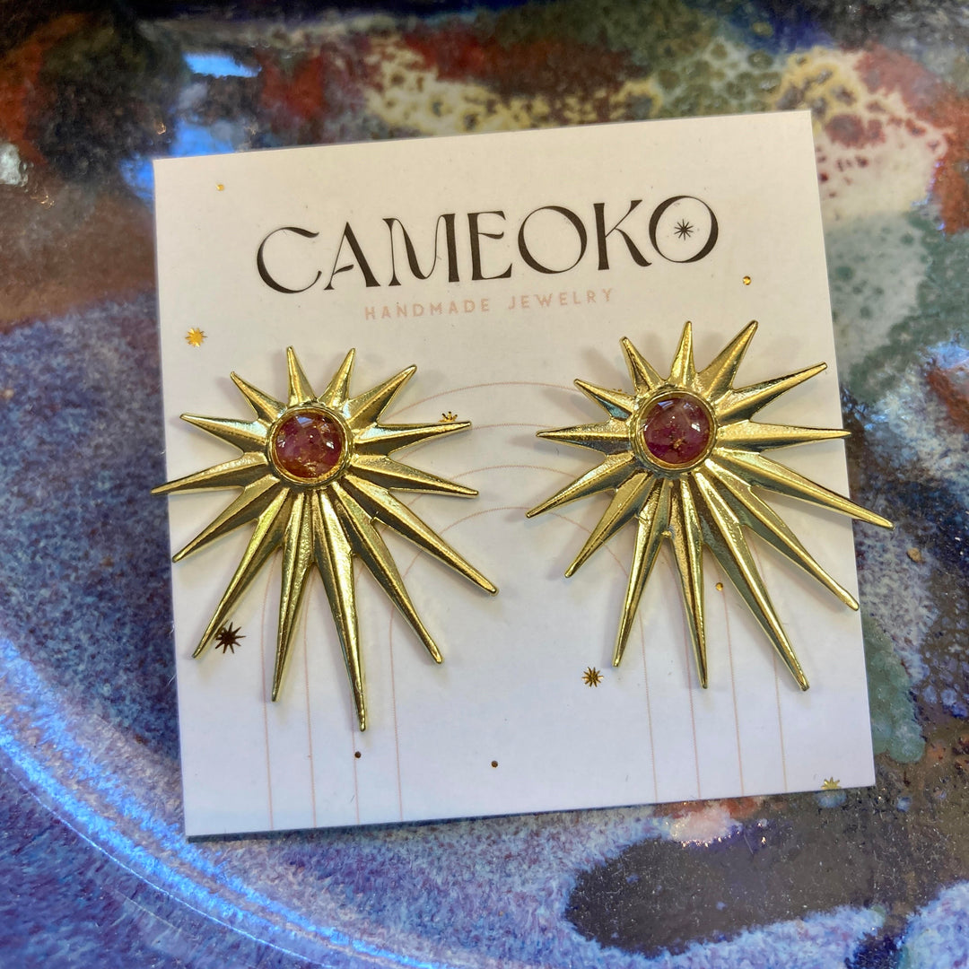 Starlet Post Earrings Ruby + Gold Leaf