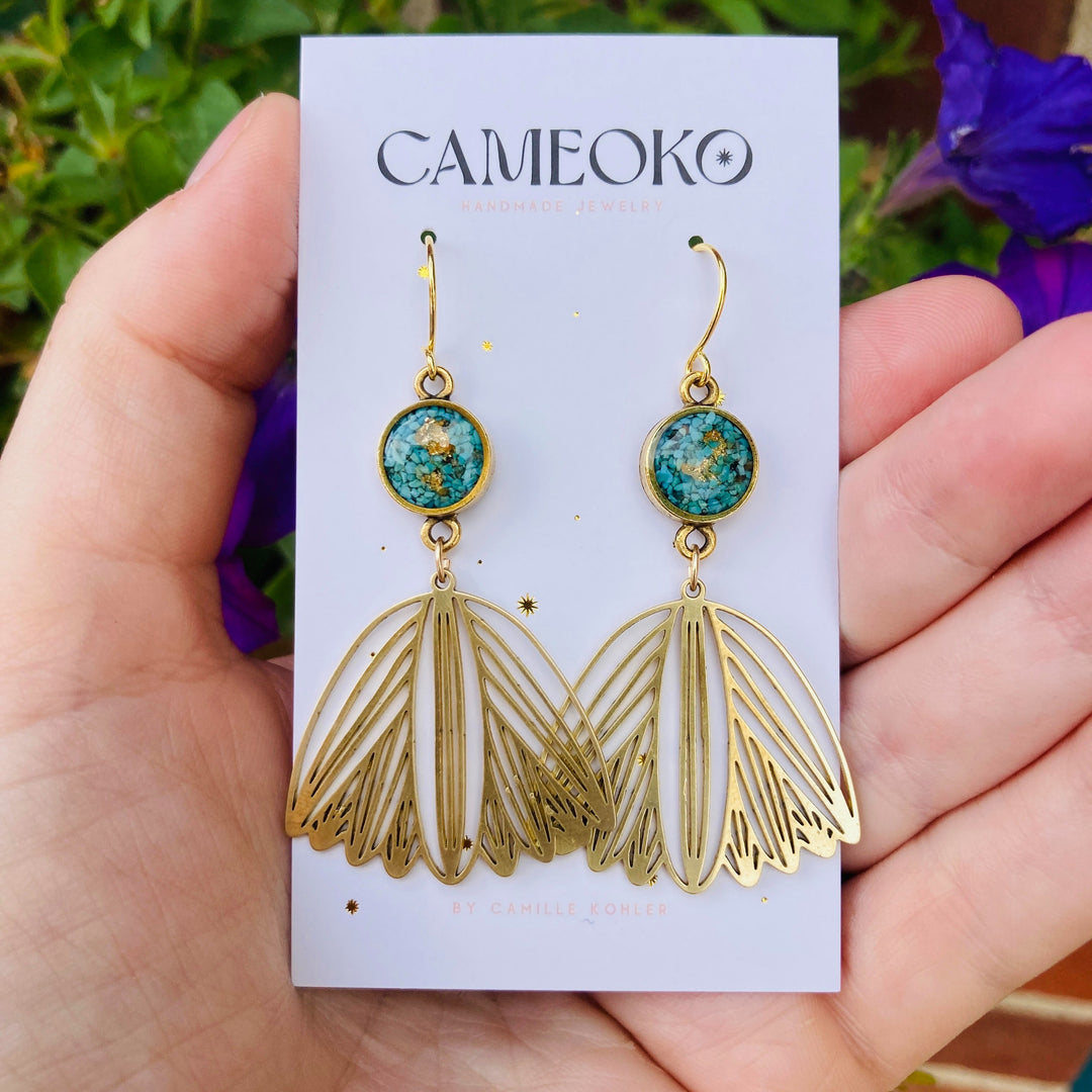Tulip Dangle Earrings Turquoise + Gold Leaf