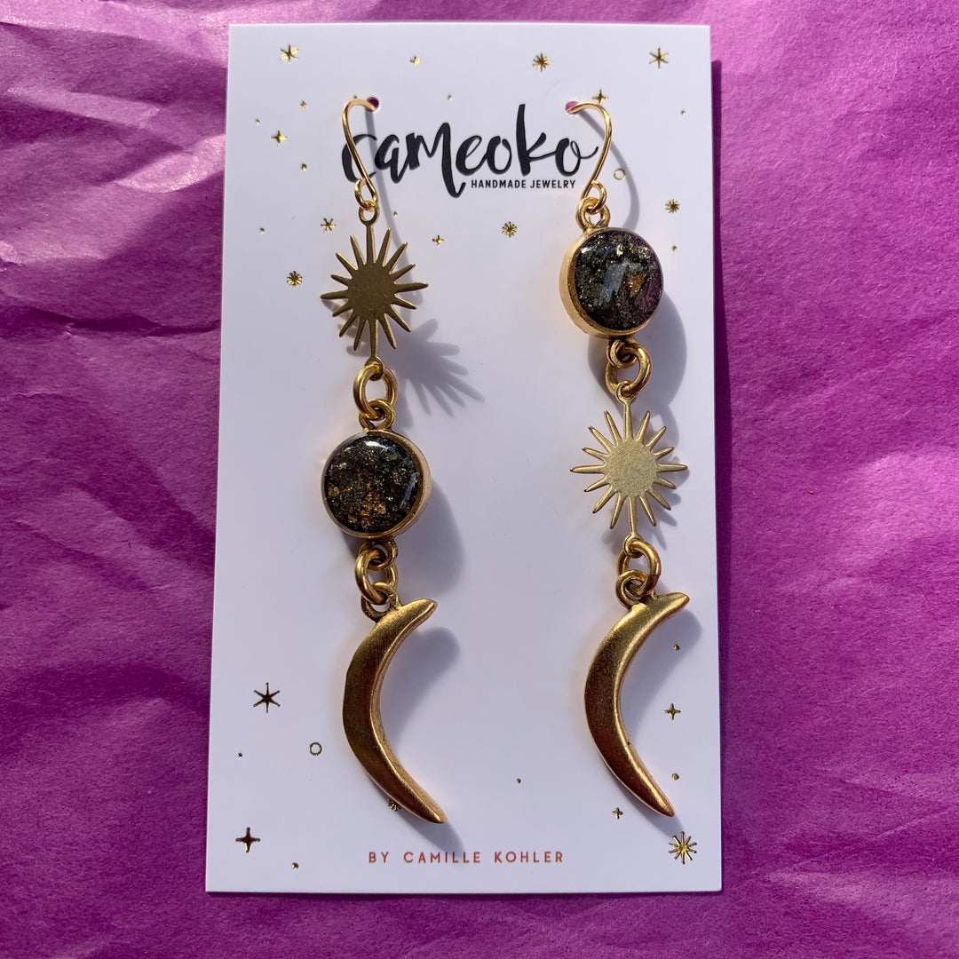 Twin Stars Dangle Earrings Pyrite Gold
