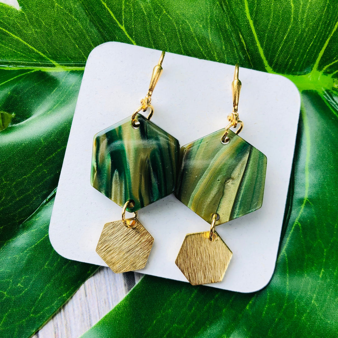 Green Hexagon Drop Earrings