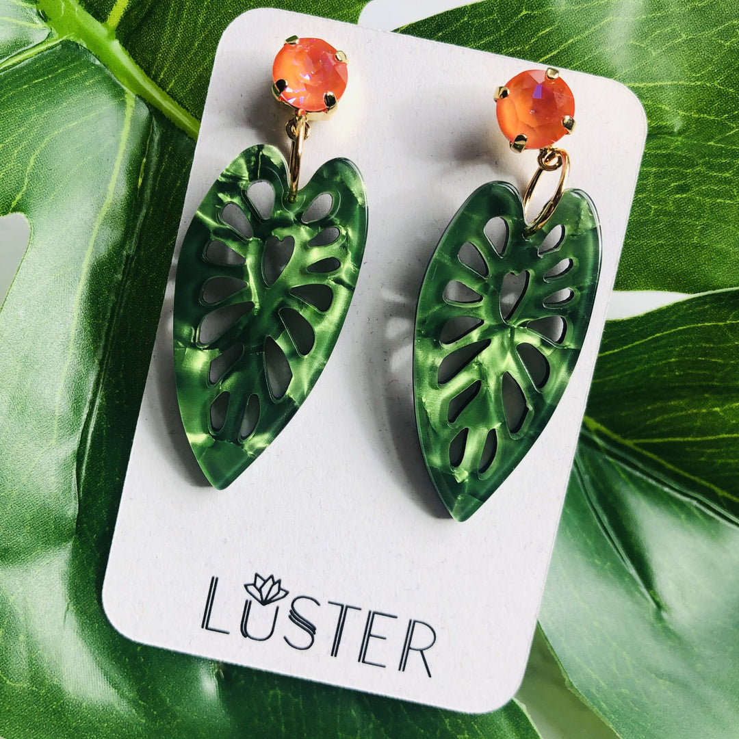 Green Leaf & Orange Crystal Earrings