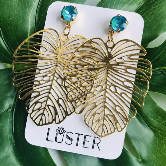 Monstera Leaves & Green Crystal Earrings