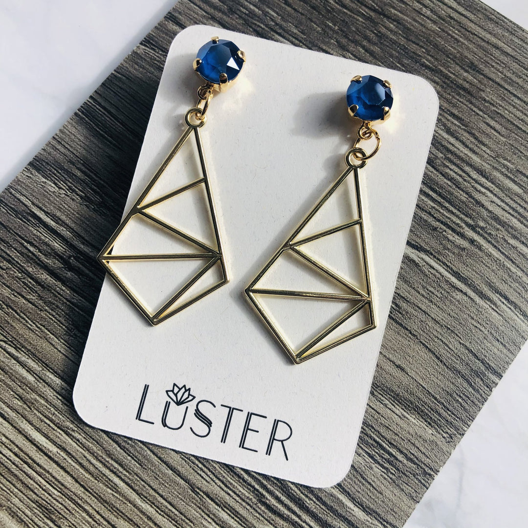 Hexagons With Blue Crystals Earrings