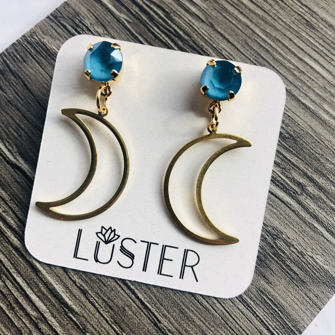 Crescent Moon & Blue Crystal Earrings