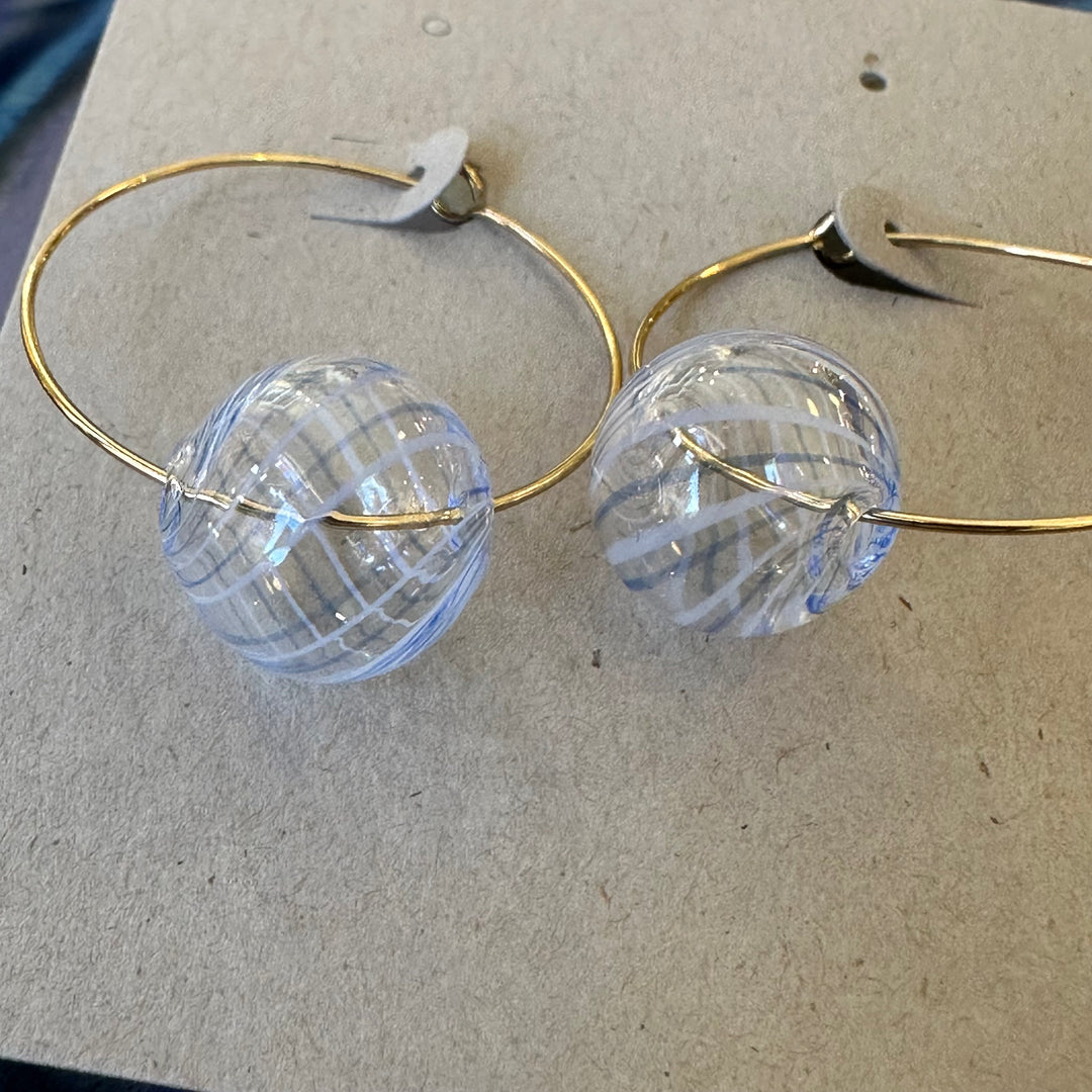 Pale Blue + White Swirl Glass Ball Earrings