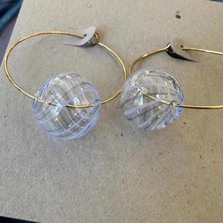 Pale Blue + White Swirl Glass Ball Earrings
