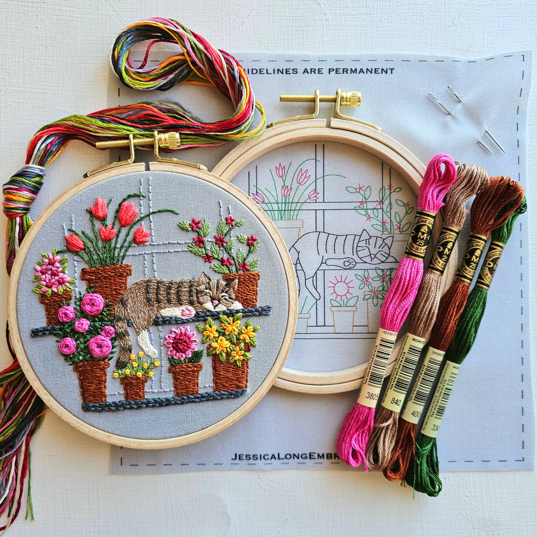 Catnap with Flowers Hand Embroidery Kit