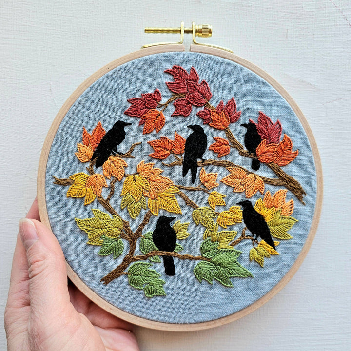 Autumn Birds Hand Embroidery Kit: Grey-blue