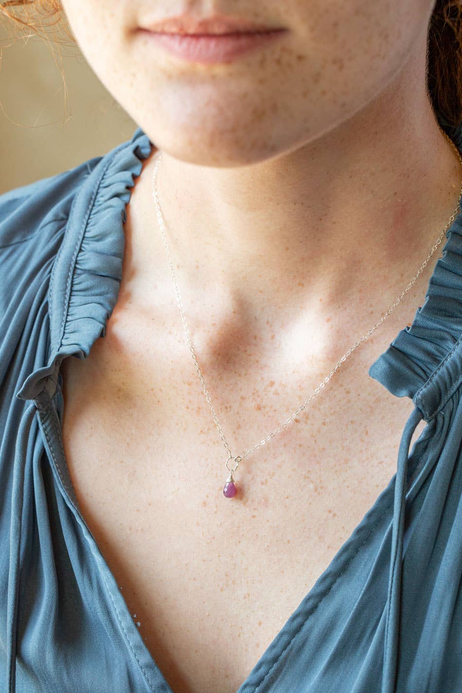 Birthstone July Silver Ruby Solitaire Drop Necklace