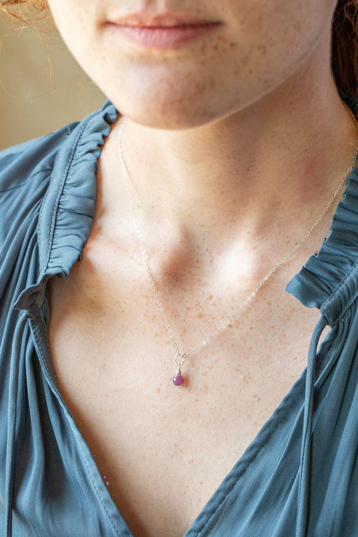 Birthstone July Silver Ruby Solitaire Drop Necklace