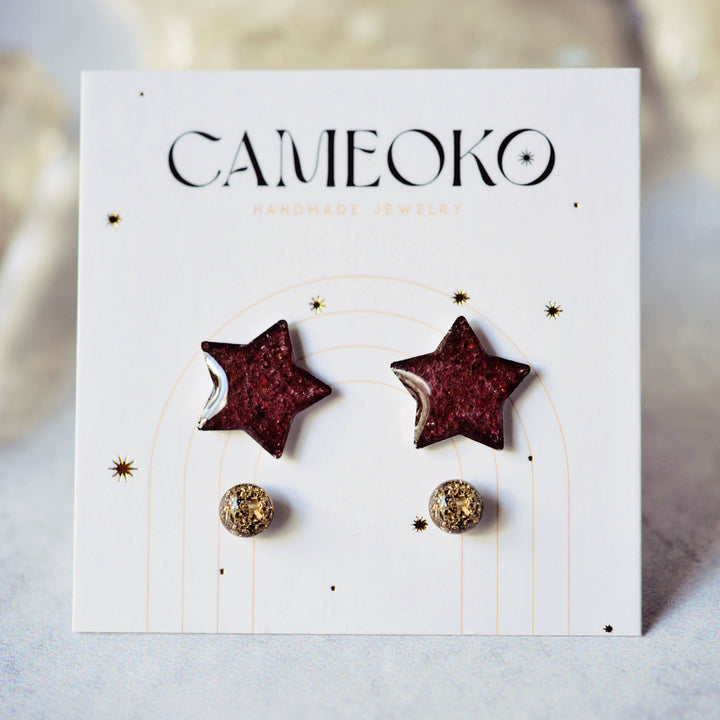 Star Pack Stud Earrings set of two - Gold Leaf + Garnet