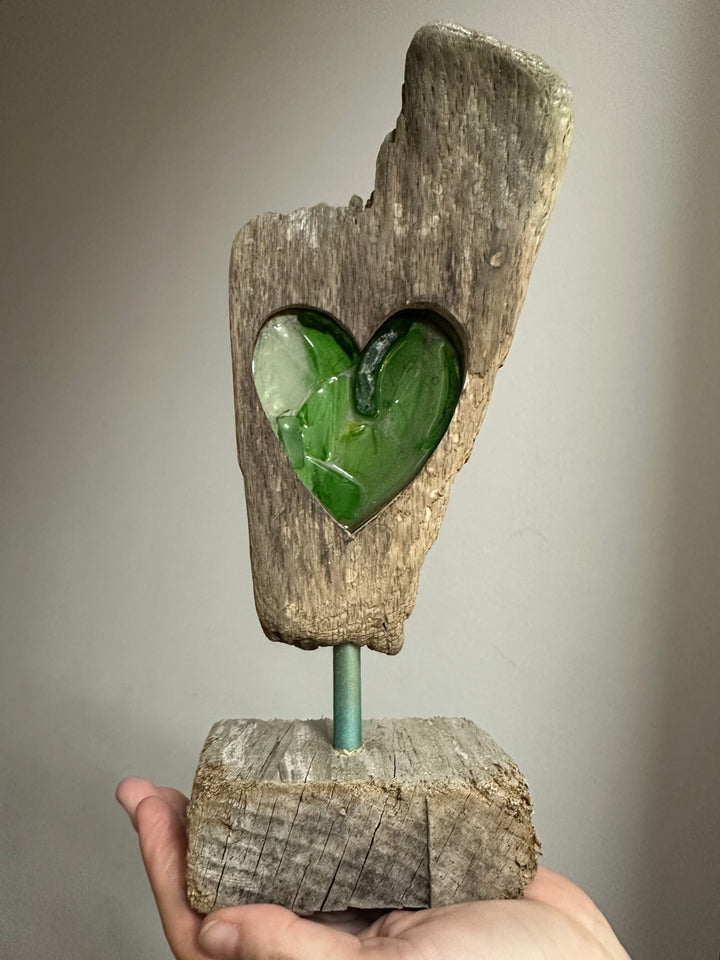 Large Driftwood Heart - Green Beach Glass