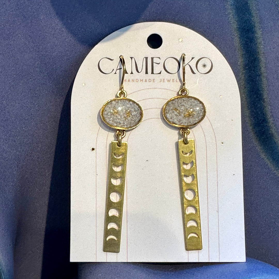 Moonphase Oval Dangle Earrings: White turquoise + gold leaf