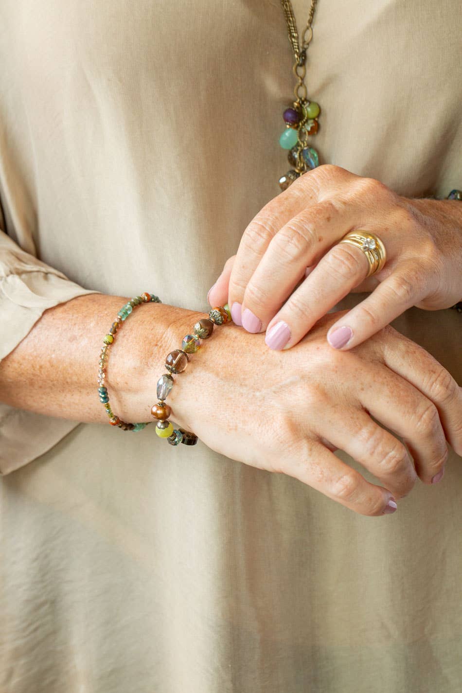 Crisp Autumn Green Jade, Crystal, Roman Glass Collage Bracelet