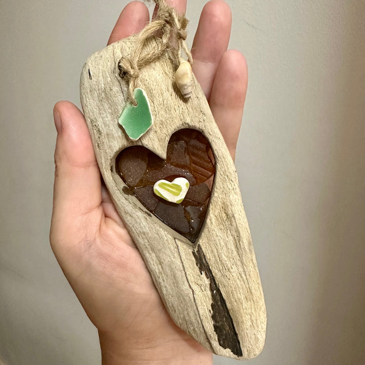 Beach Glass Amber Heart Driftwood Hanger