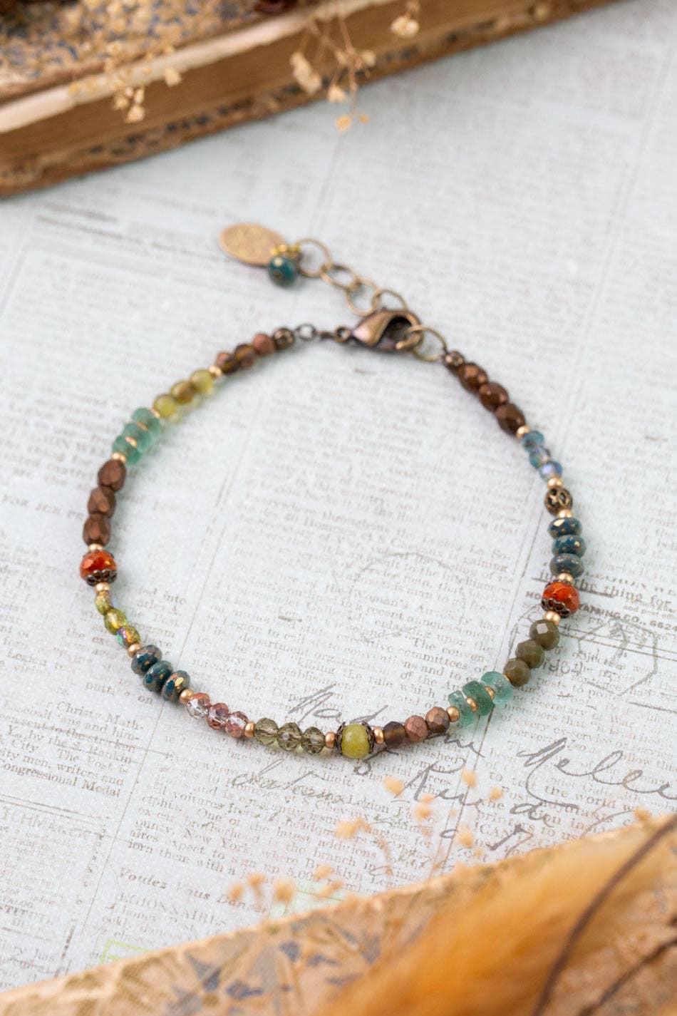 Crisp Autumn Green Jade, Crystal, Roman Glass Collage Bracelet