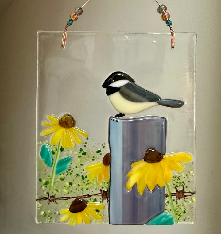 Chickadee on a Fence Fused Glass Panel
