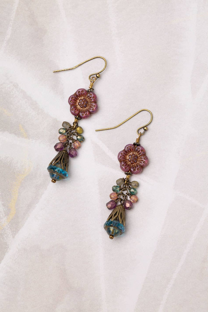 Mauve Czech Glass Flower Cluster Earrings