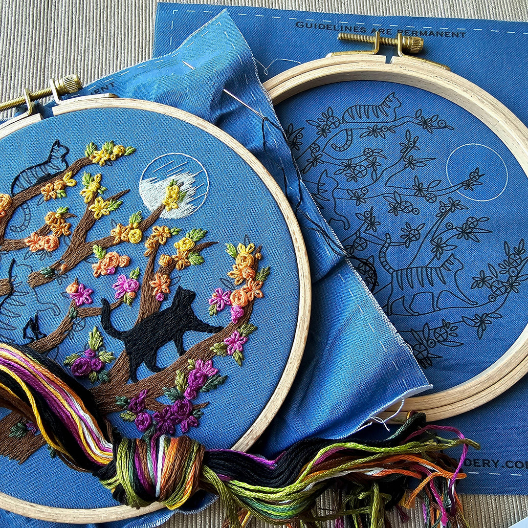 Black Cats &amp; Full Moon Hand Embroidery Kit