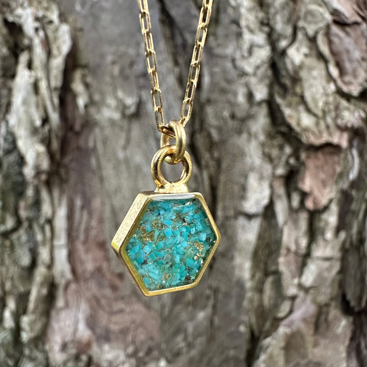 Petite Hexagon Crushed Gemstone Necklace: TURQUOISE + GOLD LEAF