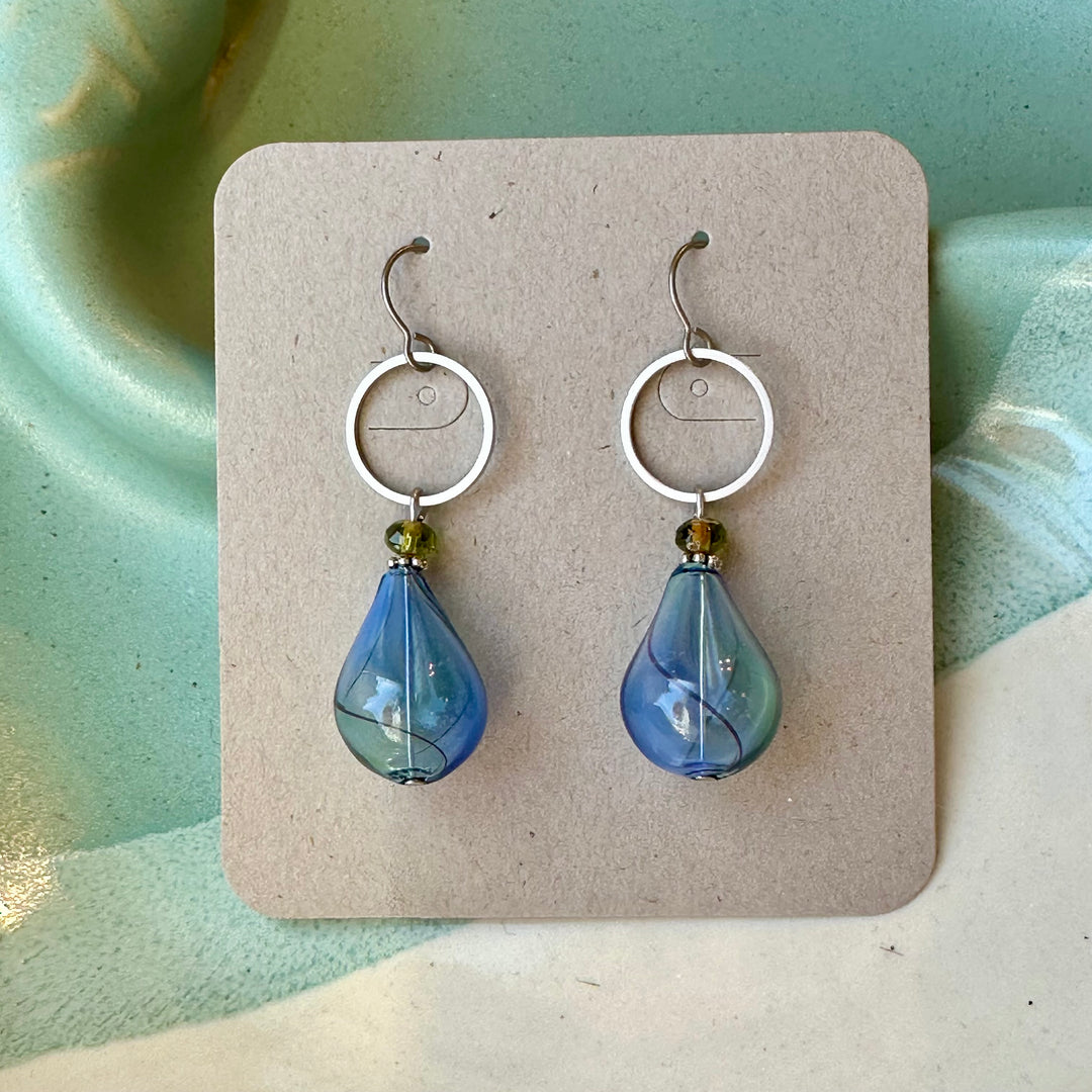 Blue Glass Teardrop with Sterling Circle Earrings