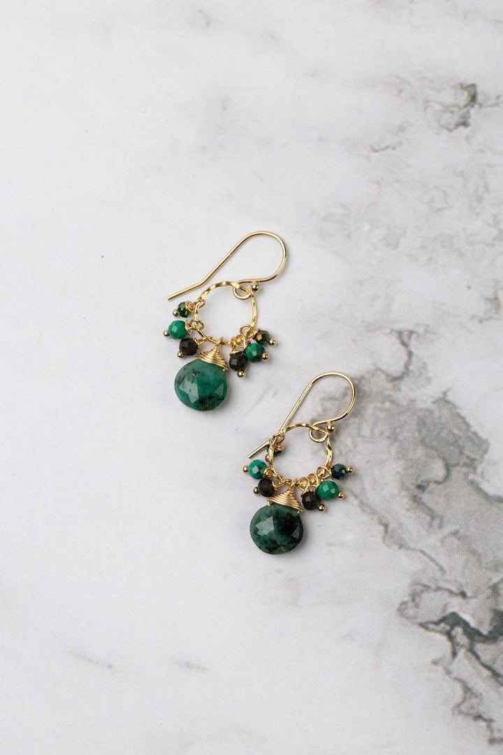 Verdant Pyrite, Malachite, Cats Eye With Emerald Briolette Cluster Earrings