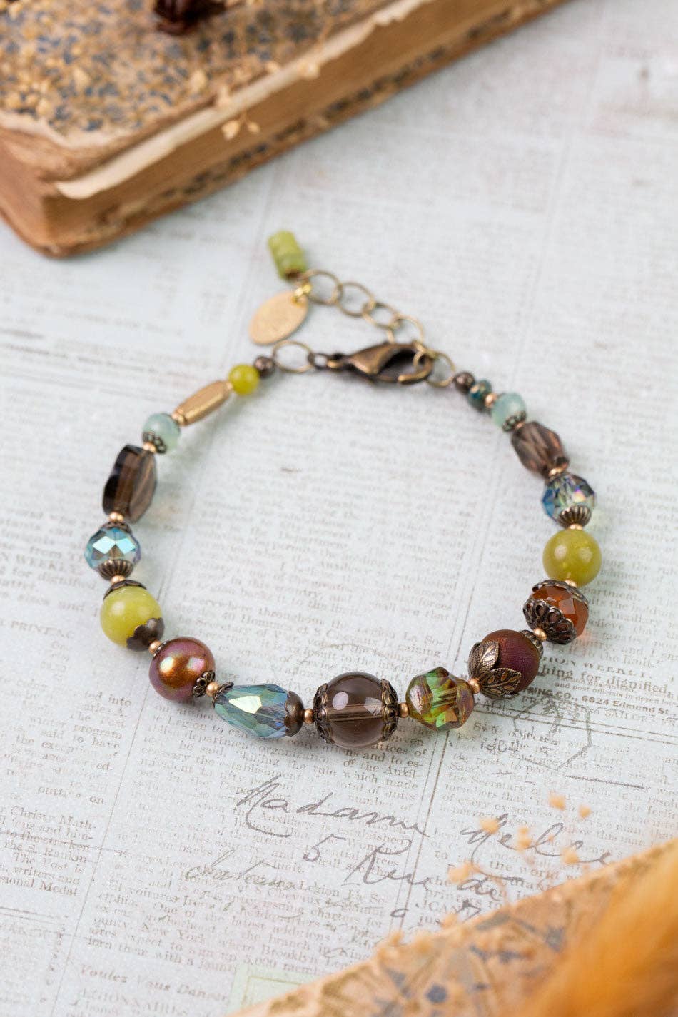 Crisp Autumn Green Jade, Crystal, Freshwater Pearl Collage Bracelet