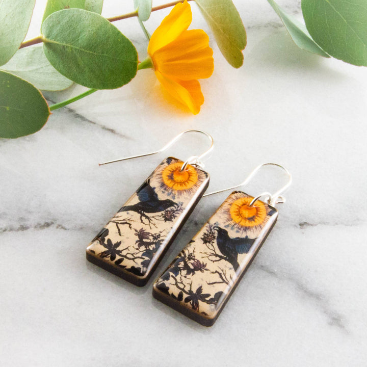 Moody Vintage Raven Tapered Rectangle Earrings