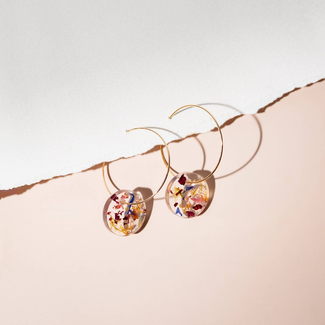 Dried Flower Confetti Round Disc Hoop Earrings