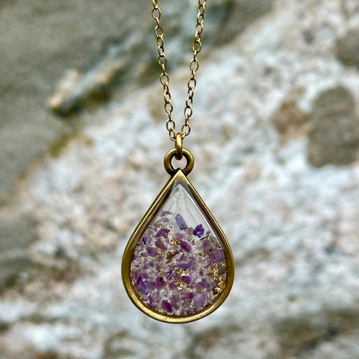 Long Teardrop Necklace Amethyst + Gold Leaf