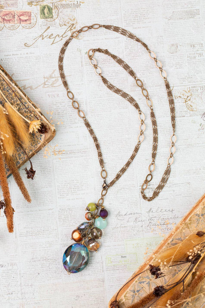 Crisp Autumn Green Jade, Chalcedony, Freshwater Pearl Cluster Necklace
