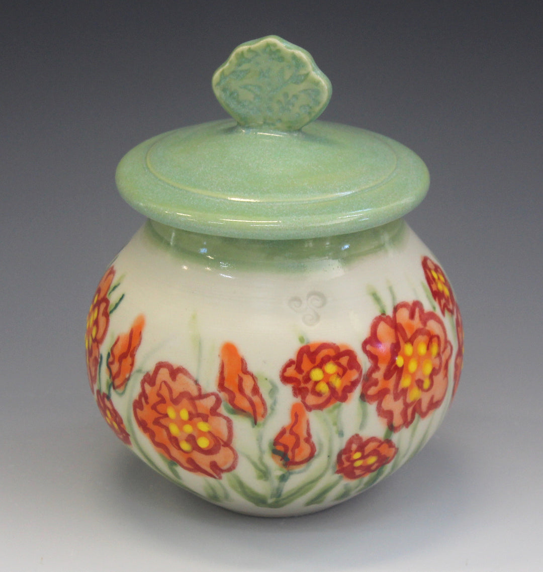 Small Lidded Jar Red Orange Flower
