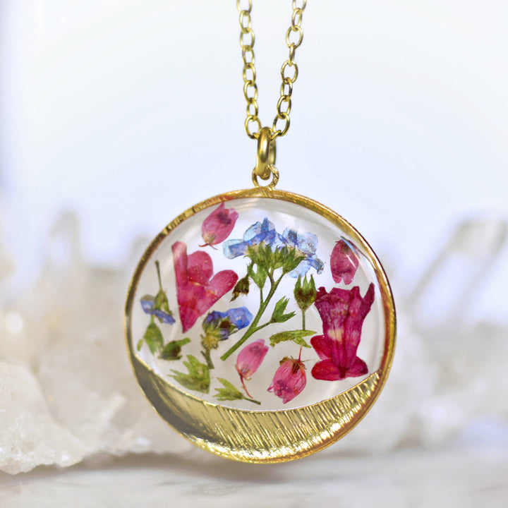 Garden Variety Flower Confetti Gold Moon Necklace