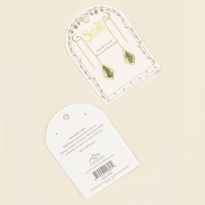 Pressed Flower Thread Earring - Green Bracken Fern/Gold