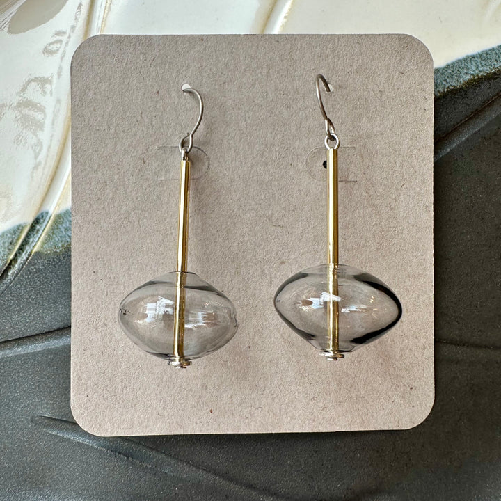 Gray Glass with Gold Tube Earrings