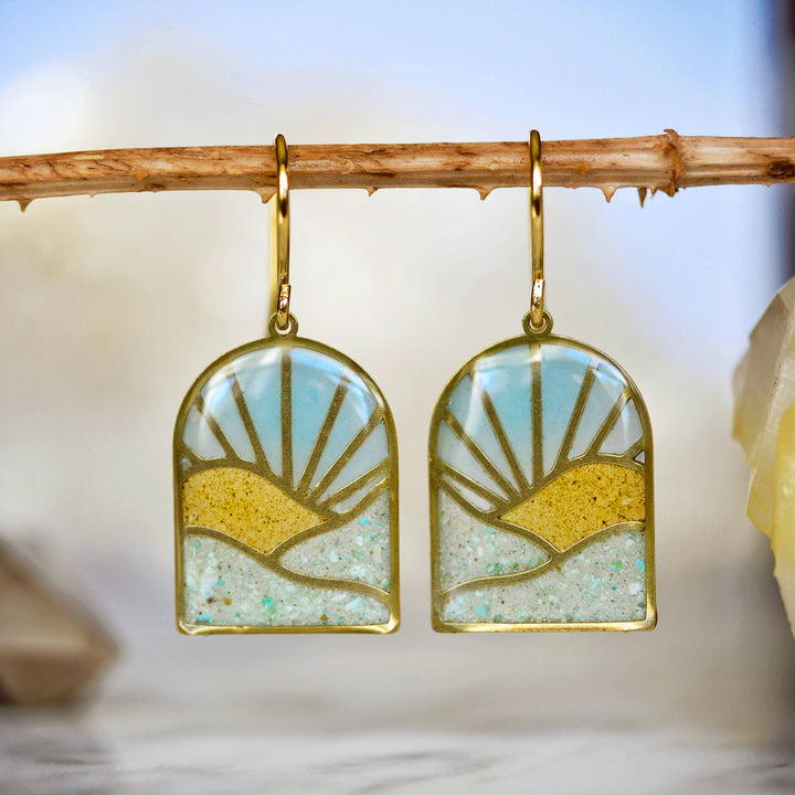 Colorful Landscape Sunrise Earrings with crushed stone