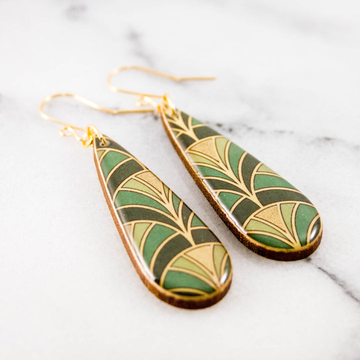 Green + Gold Deco Fan Teardrop Earrings