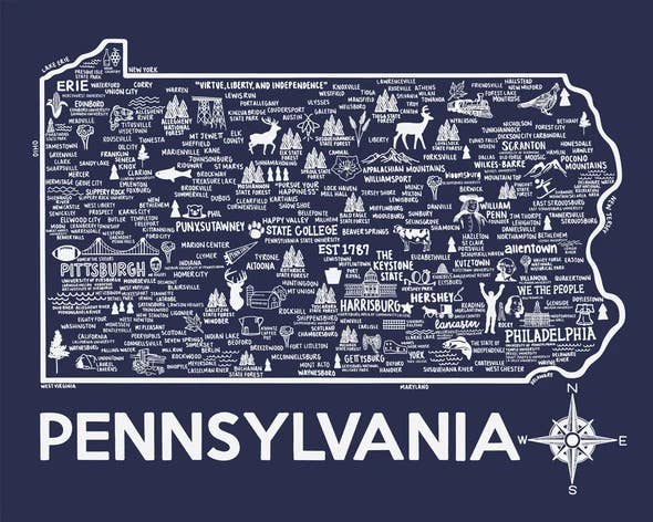 Pennsylvania Map Print Blue And White