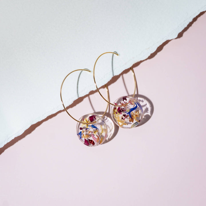 Dried Flower Confetti Round Disc Hoop Earrings