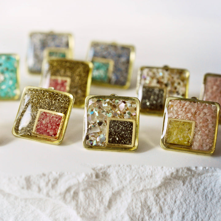 The Echo Post Inlay Geometric Square Earrings: Abalone + Pyrite