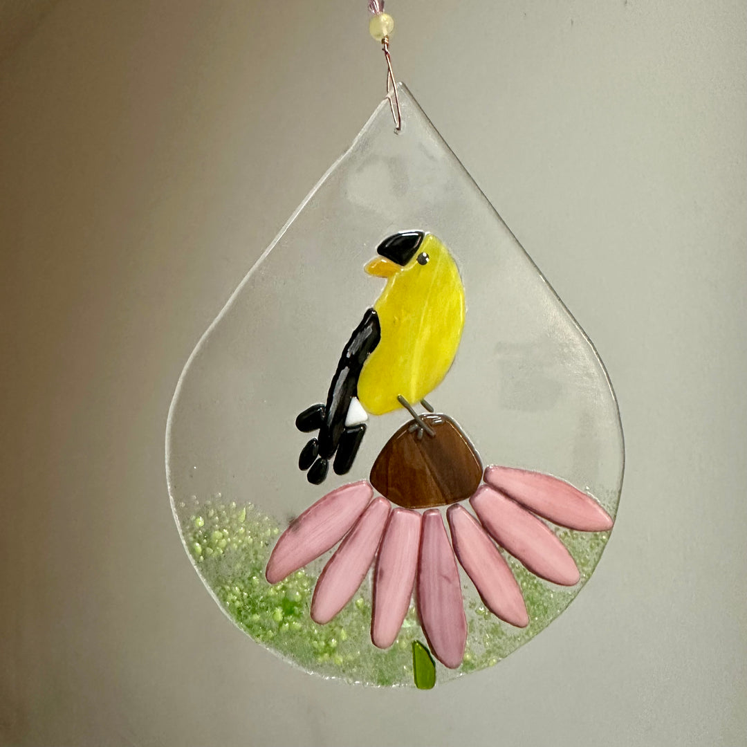 Yellow Finch + Coneflower Teardrop Suncatcher