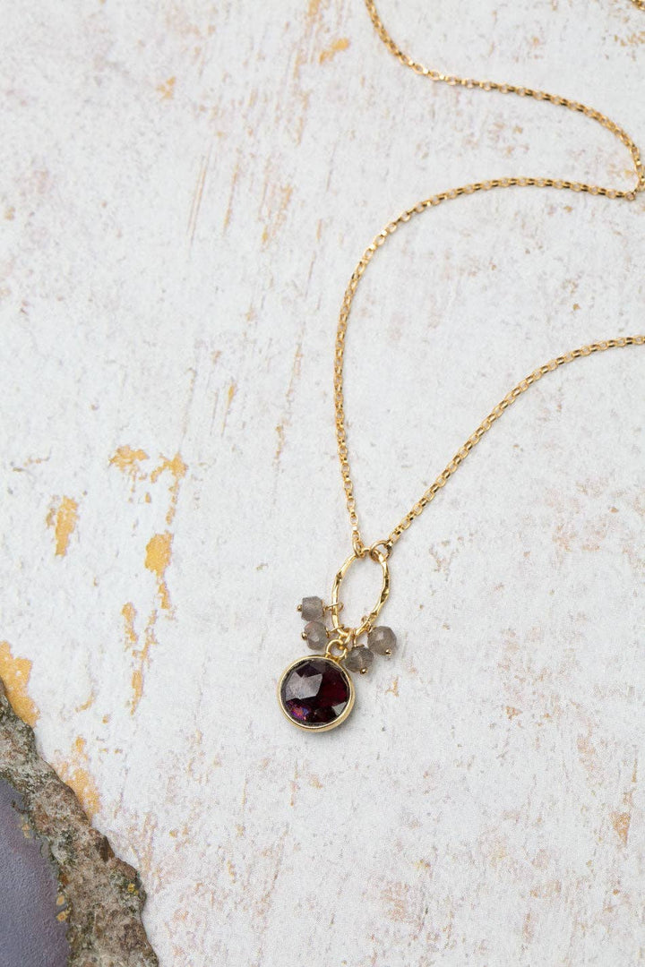 Holly Garnet Coin Shaped Bezel With Labradorite Dangles Cluster Necklace