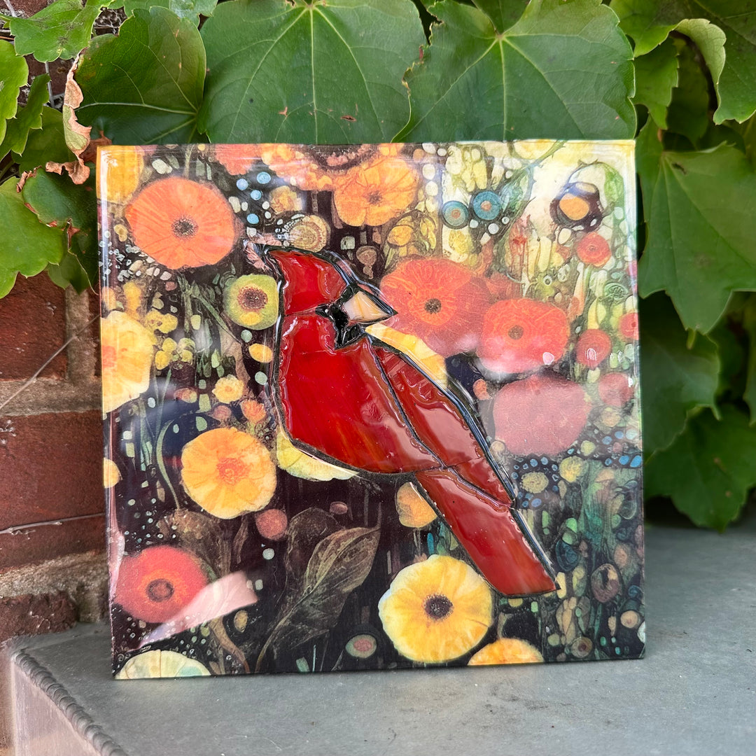 Cardinal and Golden Flowers